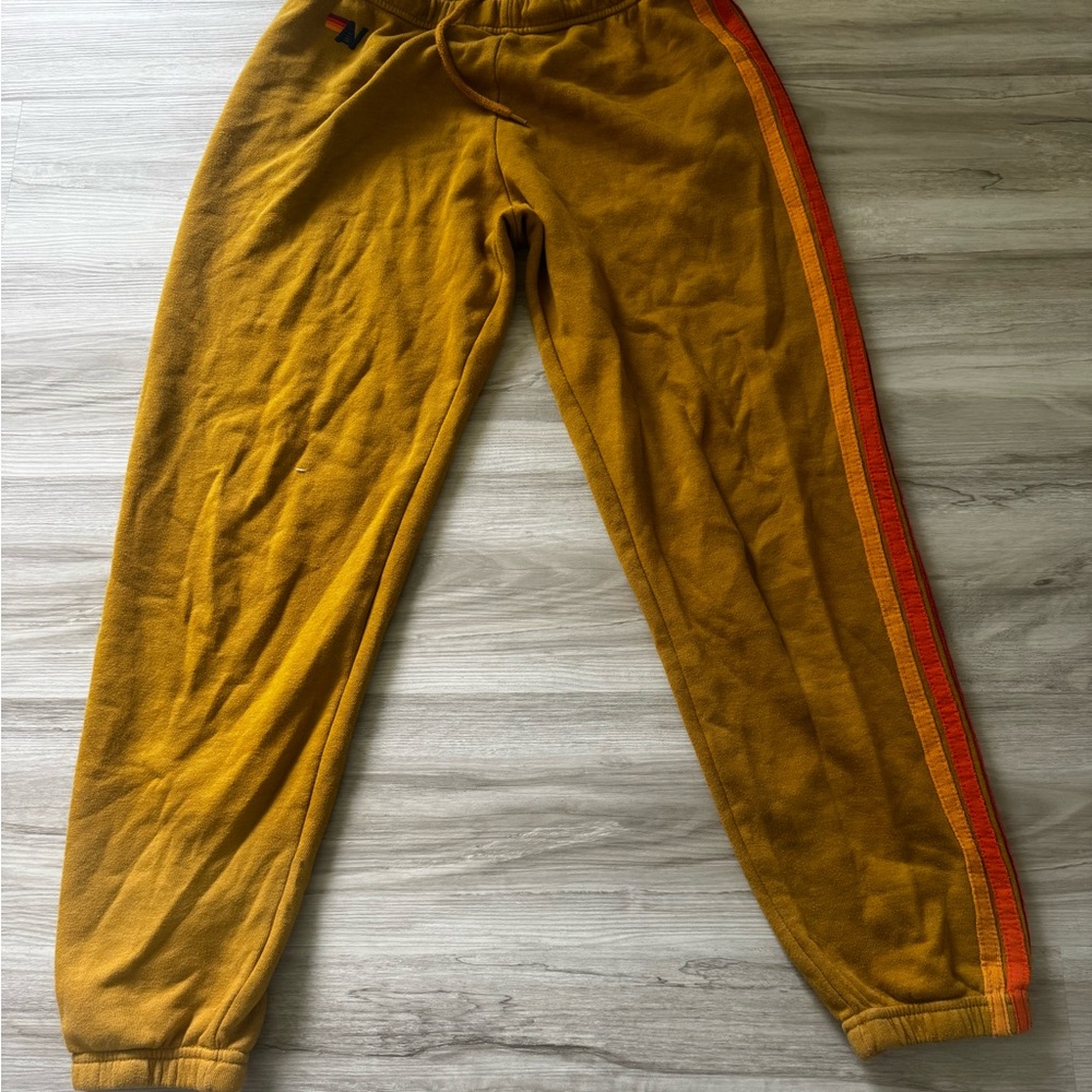 Aviator Nation Kids Mustard Jogger Sweatpants with Red & Orange Side Stripes
